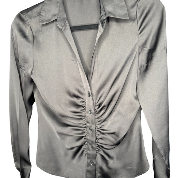 Dr2 by Daniel Rainn Ruched Satin Button-Up Long Sleeve Black Blouse Size XS - Picture 2 of 8